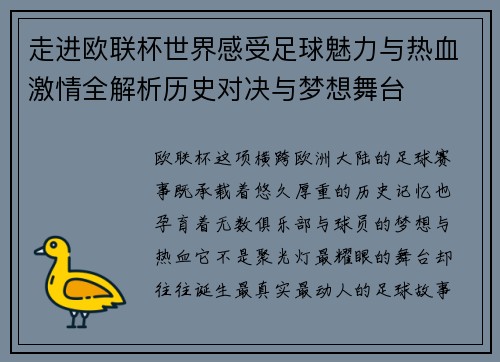 走进欧联杯世界感受足球魅力与热血激情全解析历史对决与梦想舞台